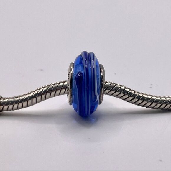 Pandora Blue Ribbon Murano Glass Charm Style 790612 S925 ALE Wide - Picture 6 of 6